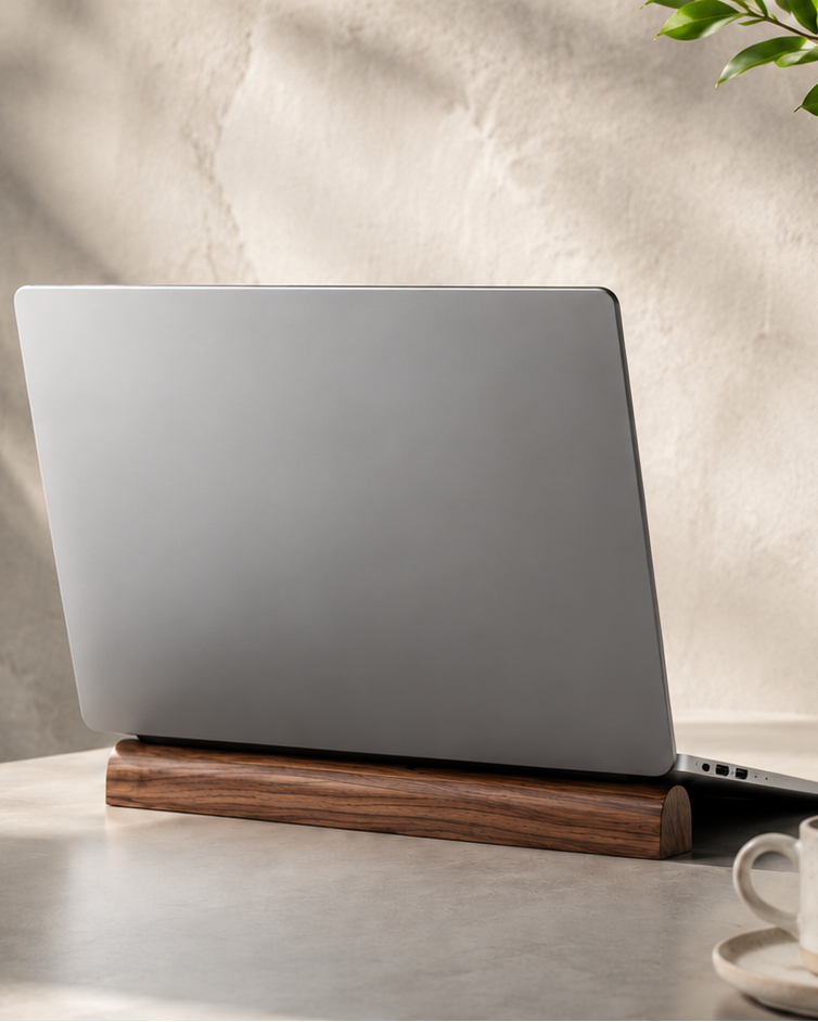 Solid Wood Laptop Stand for Desk, Walnut-Finish Padded Computer Riser