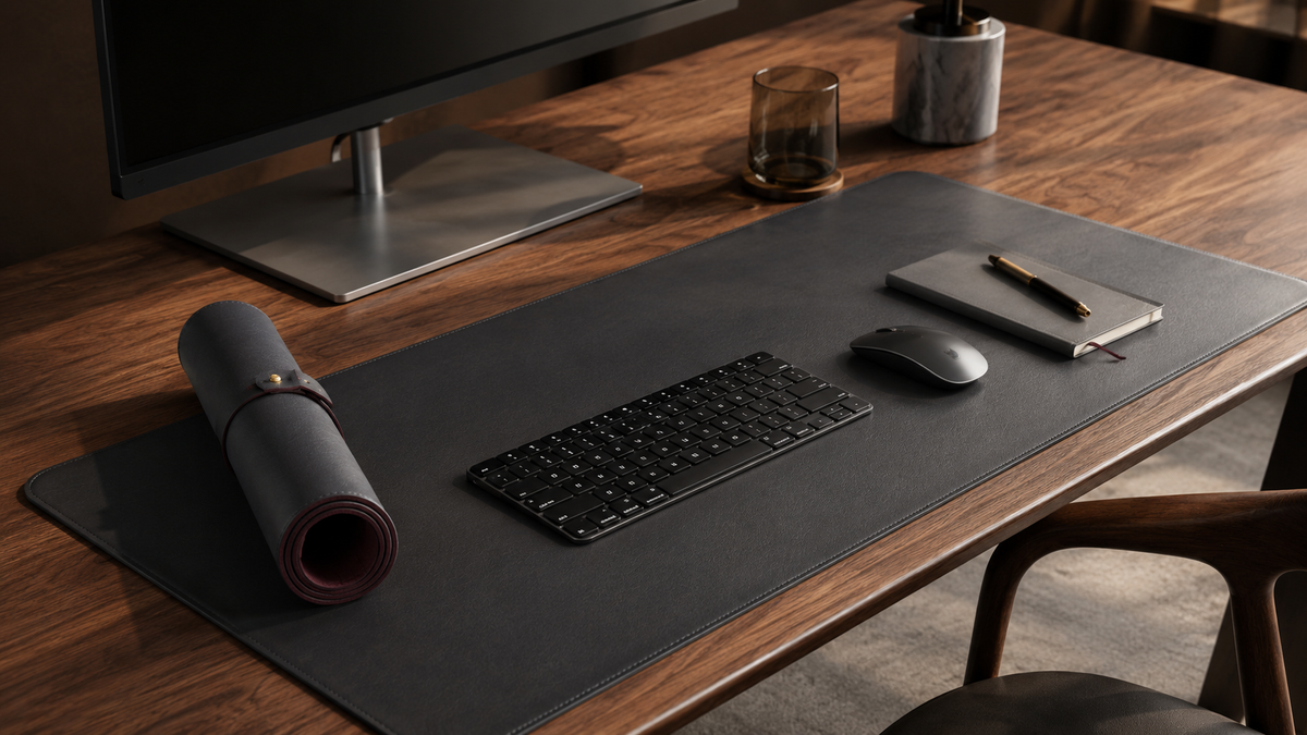 The Leather Pad laid across the desk, 800 by 400 mm