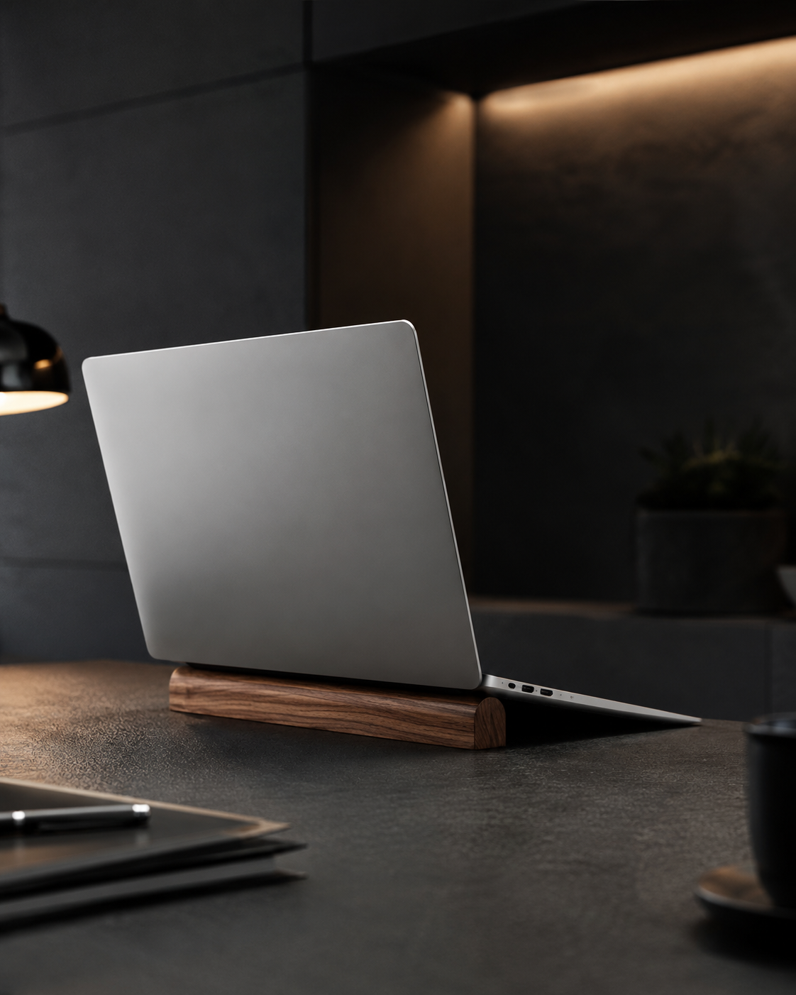 Solid Wood Laptop Stand for Desk, Walnut-Finish Padded Computer Riser