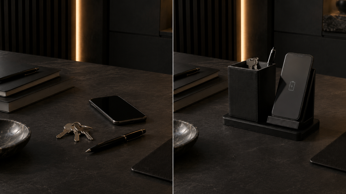 The Charge Post holding a phone upright beside the pad