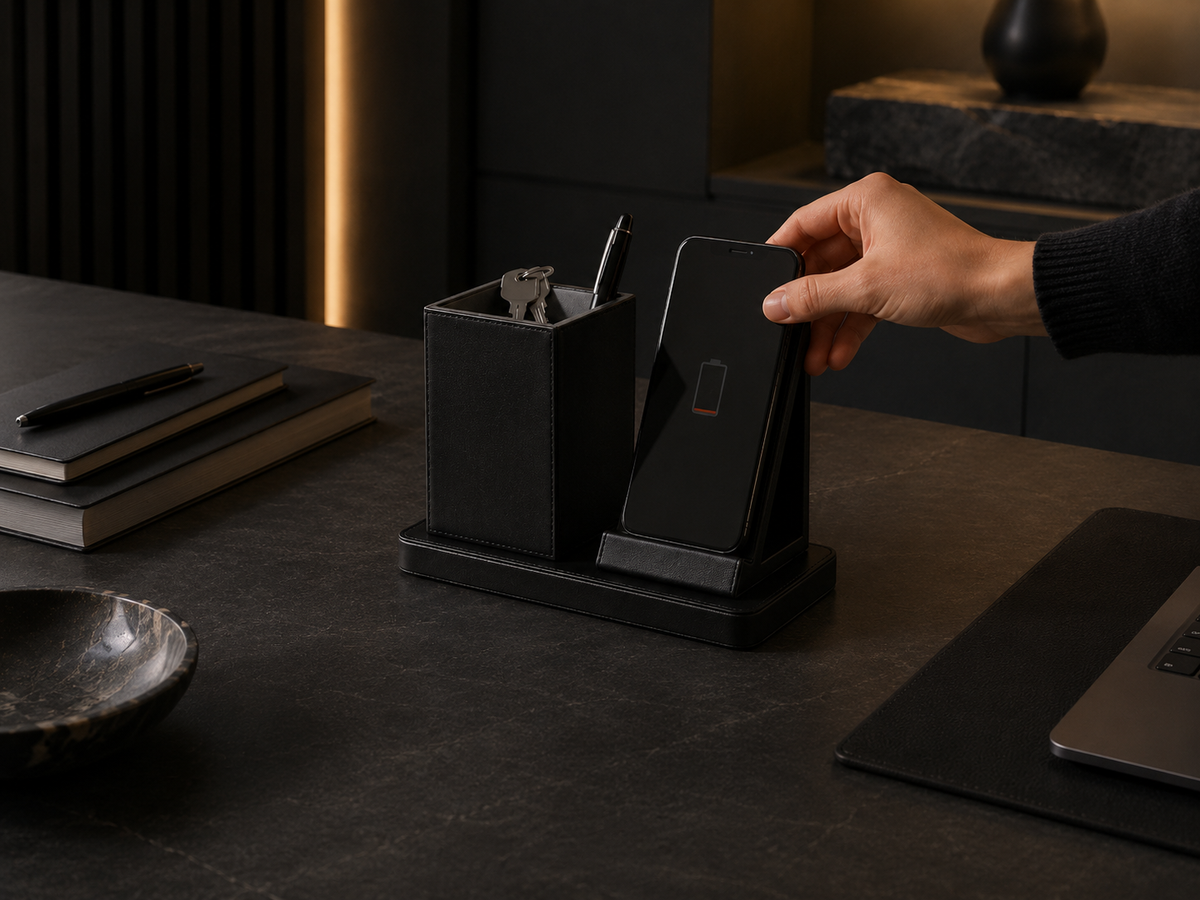 The Charge Post storage well with keys and pen