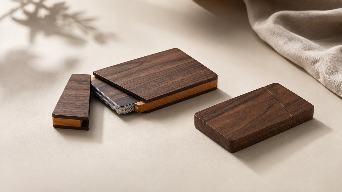 Black Walnut Business Card Case, Slim Wooden Card Holder for Pocket & Desk