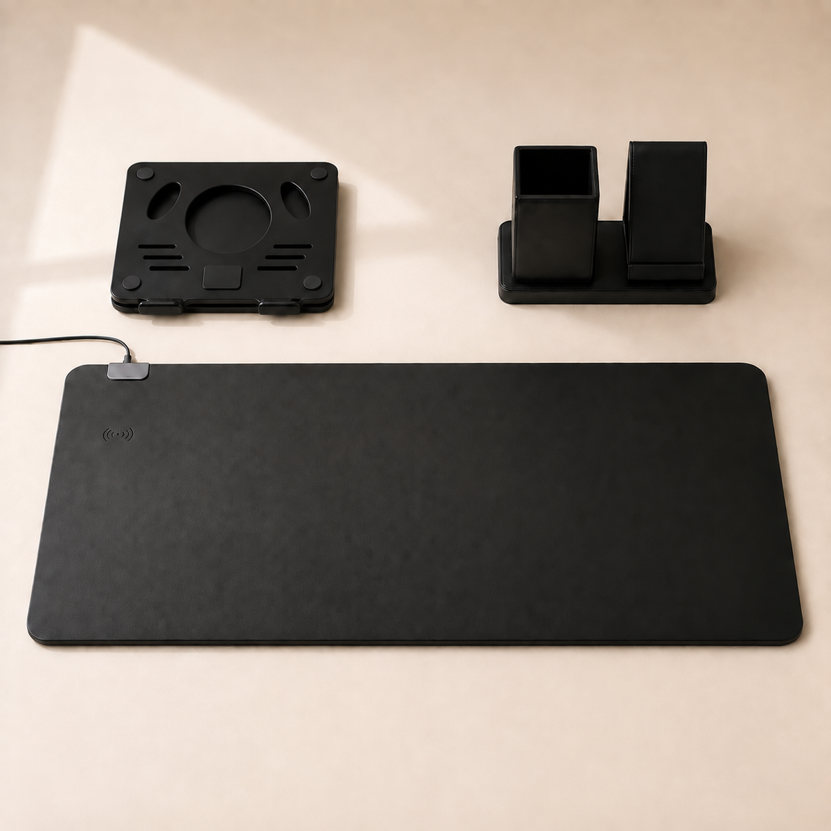 The Focus Setup: charging desk mat, laptop stand and Charging Post.