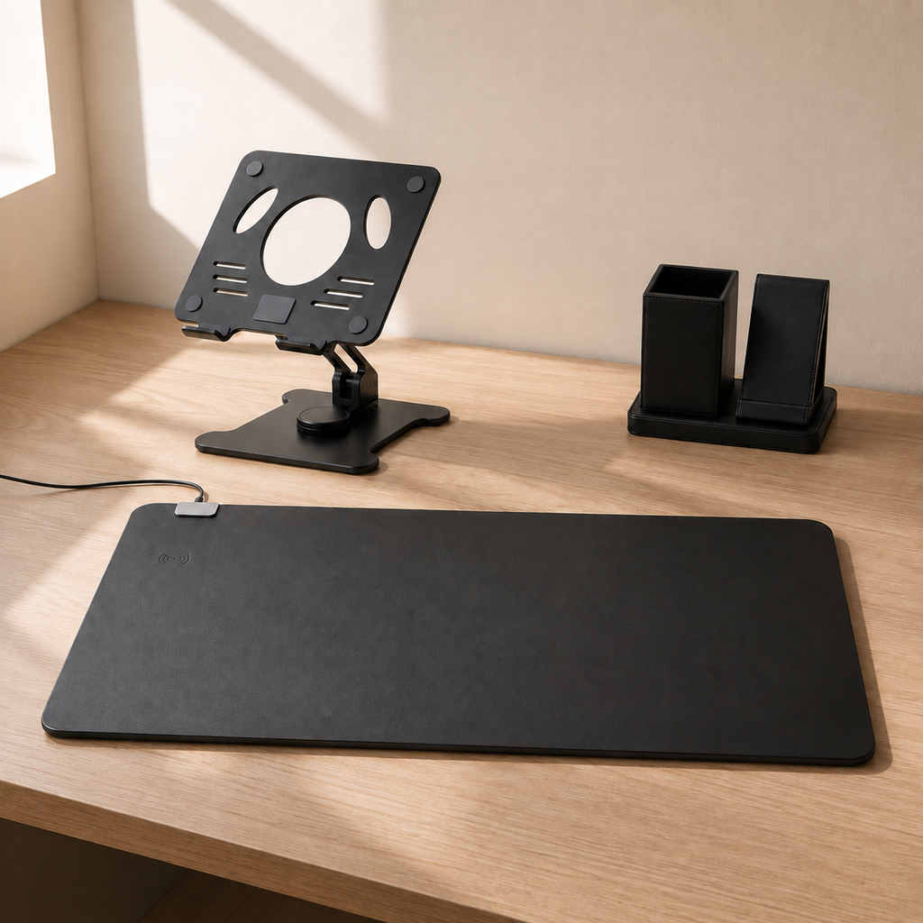 The Focus Setup: charging desk mat, laptop stand and Charging Post.