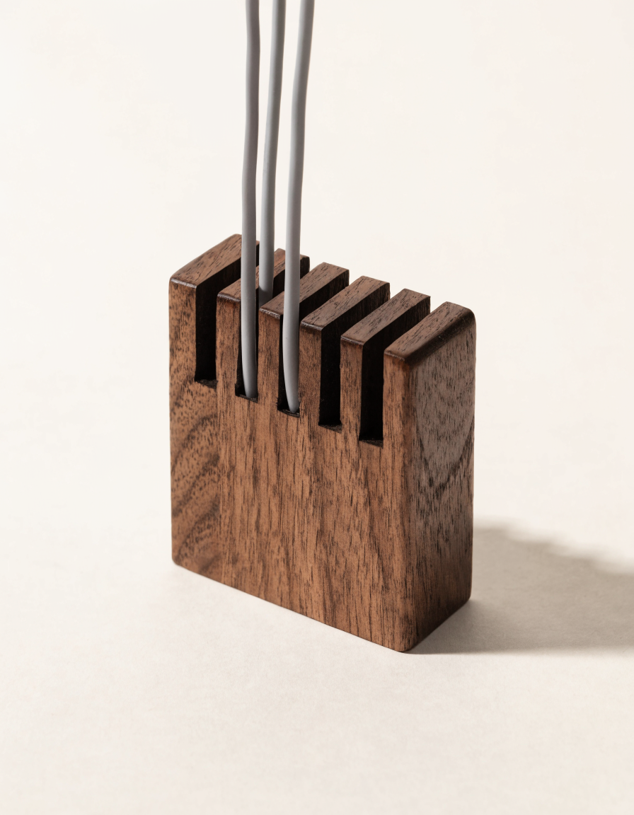 Order Cable Box — Walnut — Six-slot solid wood cable holder. 180 × 80 × 60 mm.