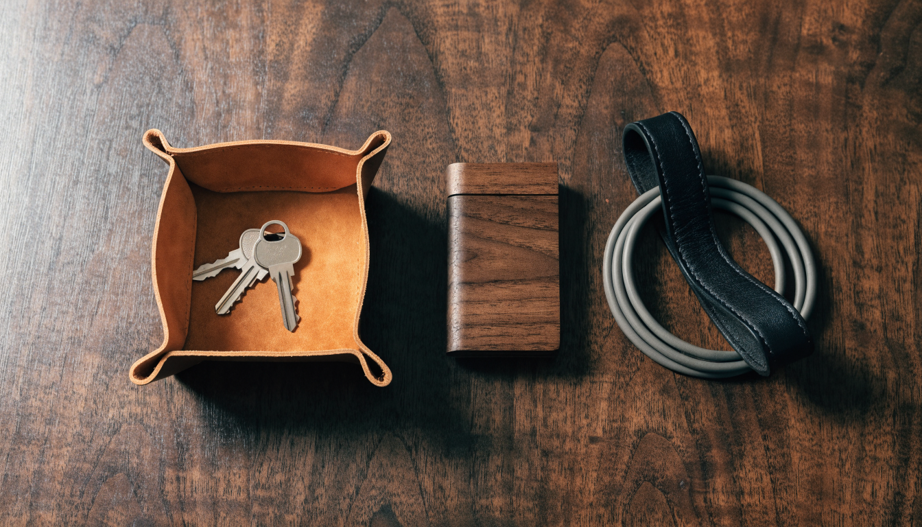 Overhead view of a leather valet tray, a walnut card case and a leather cable strap on a dark walnut desk