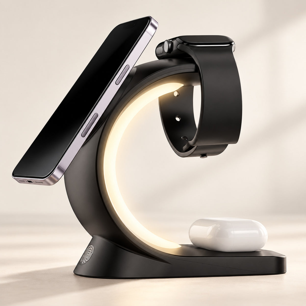 Black Charge Arc holding a phone, watch and earbud case with its warm light on.