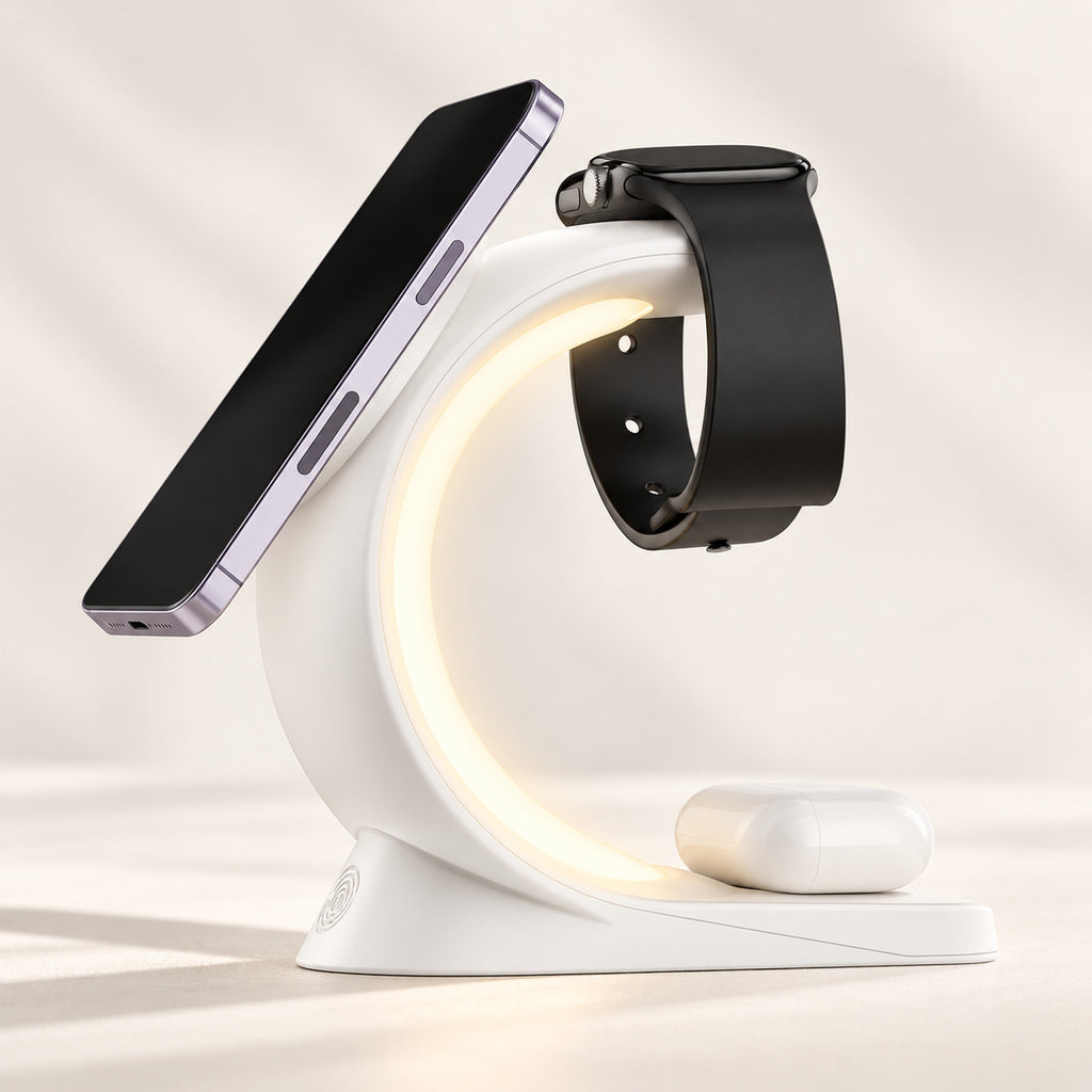 White Charge Arc holding a phone, watch and earbud case with its warm light on.