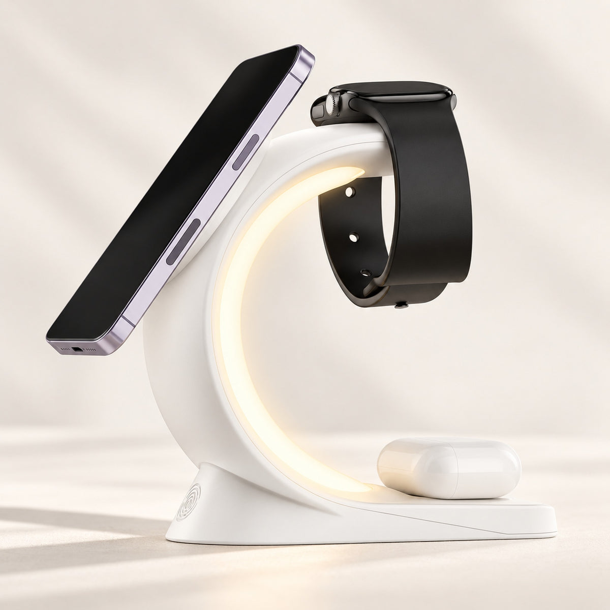 White Charge Arc holding a phone, watch and earbud case with its warm light on.