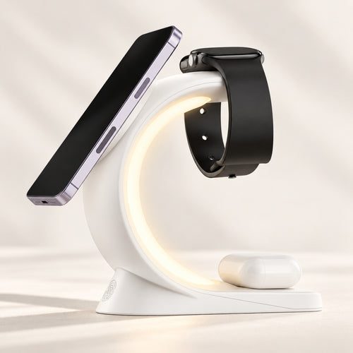 White Charge Arc holding a phone, watch and earbud case with its warm light on.