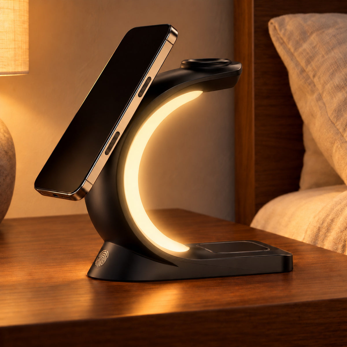 Black Charge Arc on a bedside table holding a phone with its warm light on.