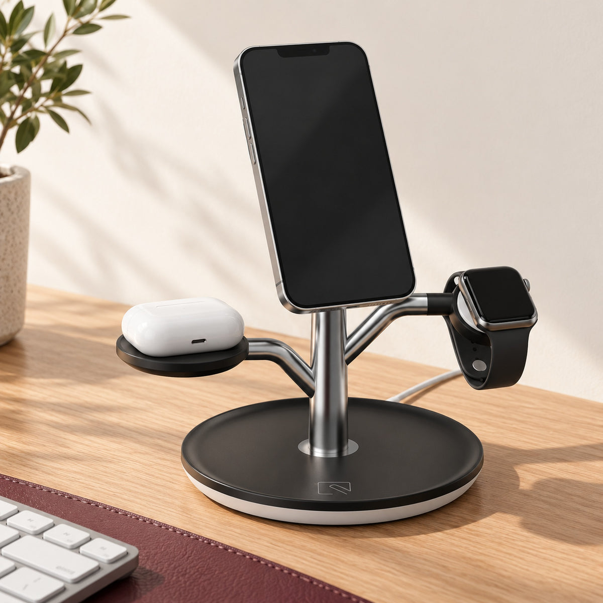 Black Charge Tree with three devices on an oak desk beside a keyboard and desk mat.