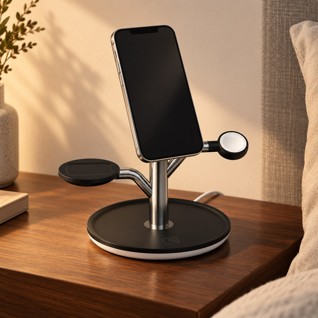 Black Charge Tree holding a phone on a walnut bedside table in evening light.