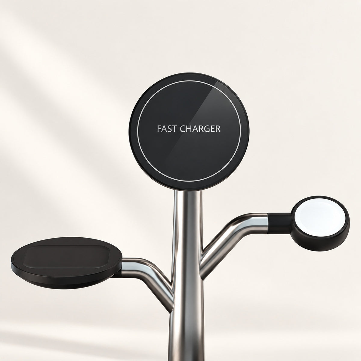 Close-up of the Charge Tree magnetic face, metallic stem and two charging arms.