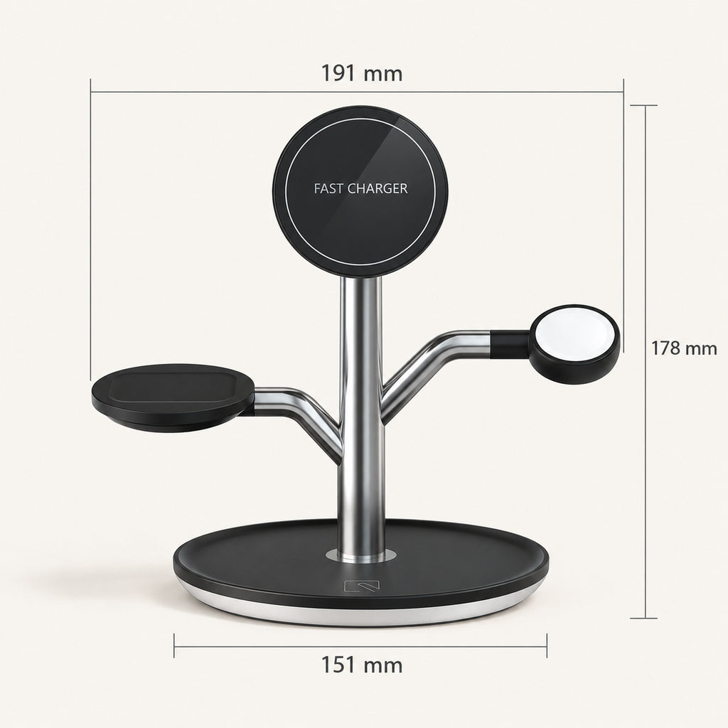 Charge Tree dimension illustration: height 178 mm, arm span 191 mm and base 151 mm.