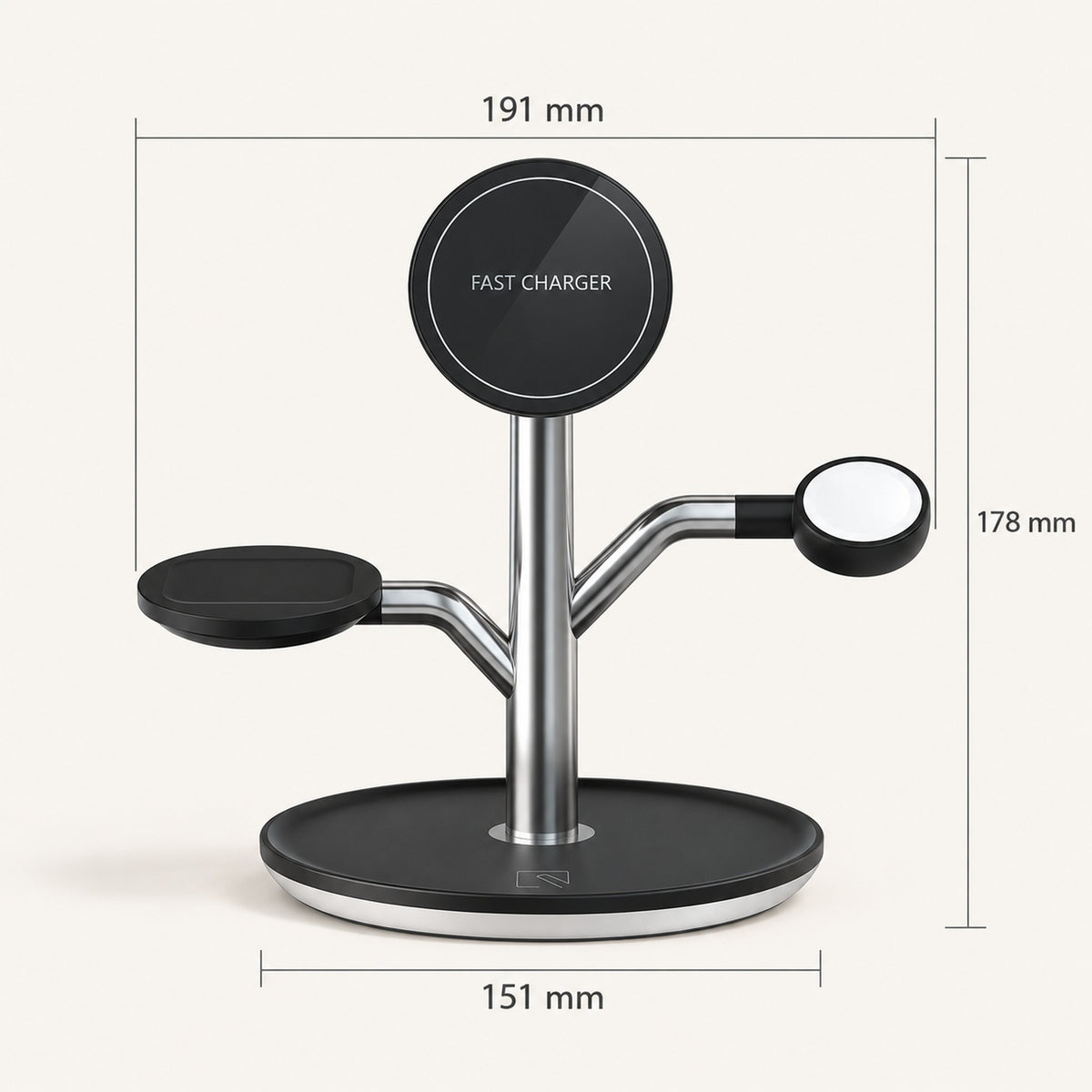 Charge Tree dimension illustration: height 178 mm, arm span 191 mm and base 151 mm.